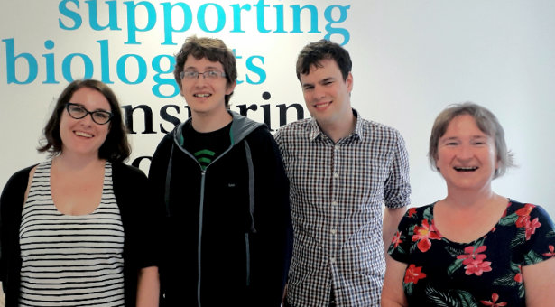 Photo: from left to right -  Julija Hmeljak (Reviews Editor), Sam Holden (PIPS Data Intern), Máté Pálfy (preLights Community Manager) and Claire Moulton (Publisher).